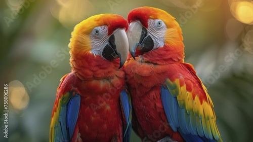 Male and female macaws perched together against a soft pastel sky, representing vibrant partnership.