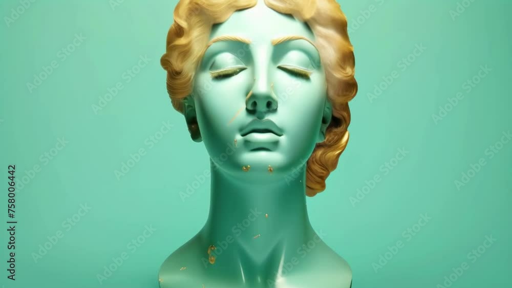 Golden turquoise antique statue of a female head on a light green solid background. Contemporary art concept for interior design and creative expression. Motion Golden turquoise antique statue of a female head on a light green solid background. Contemporary art concept for interior design and creative expression. Motion