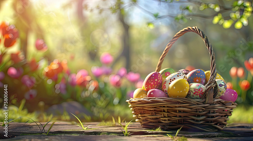 a basket full of colorful easter eggs placed on an old wooden table in the garden photo