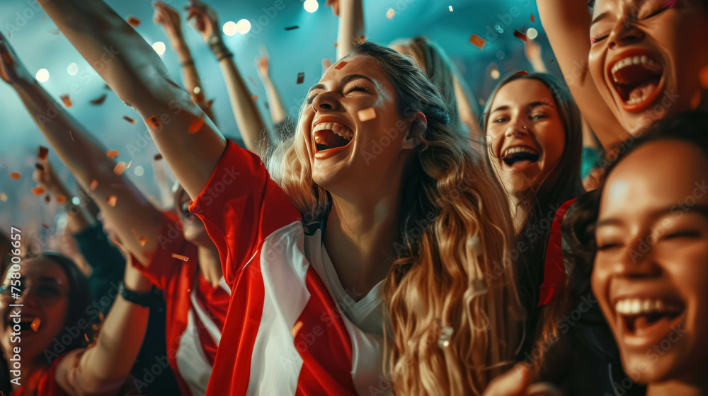 Group Of Happy Female Football Fans Celebrating A goal With Unbridled Excitement. Women Cheering and Supporting Favorite Players Group Of Happy Female Football Fans Celebrating A goal With Unbridled Excitement. Women Cheering and Supporting Favorite Players