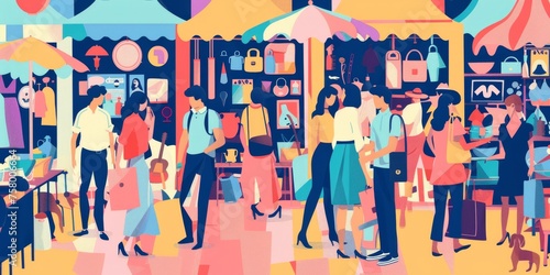 A colorful painting of a busy market scene with people walking around