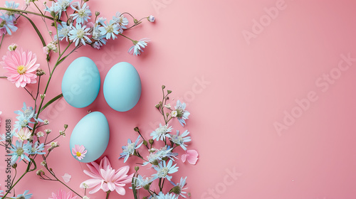 top view blue easter eggs and spring flowers on a pink background with copy space