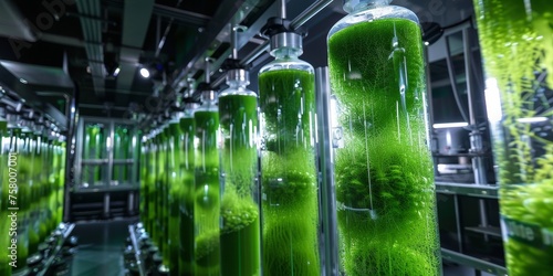 A row of green plants are growing in a greenhouse