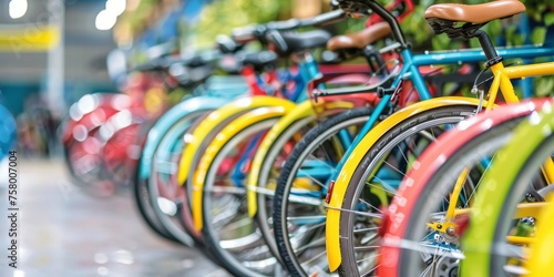 A row of colorful bicycles are lined up in a store