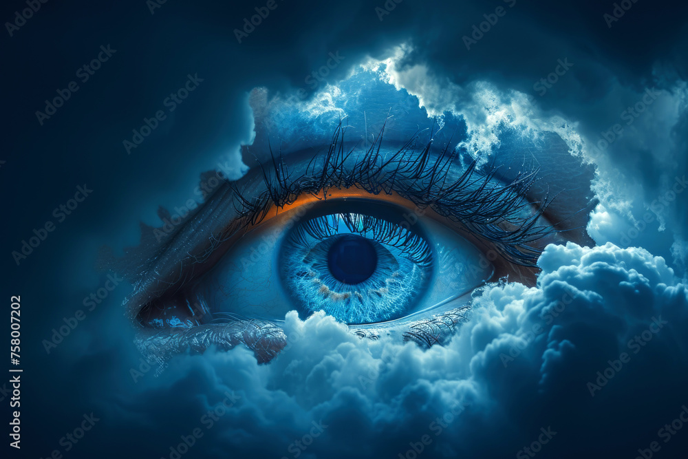 A mesmerizing blue iris gazes through a dreamy atmosphere of fluffy clouds, evoking a sense of wonder and tranquility