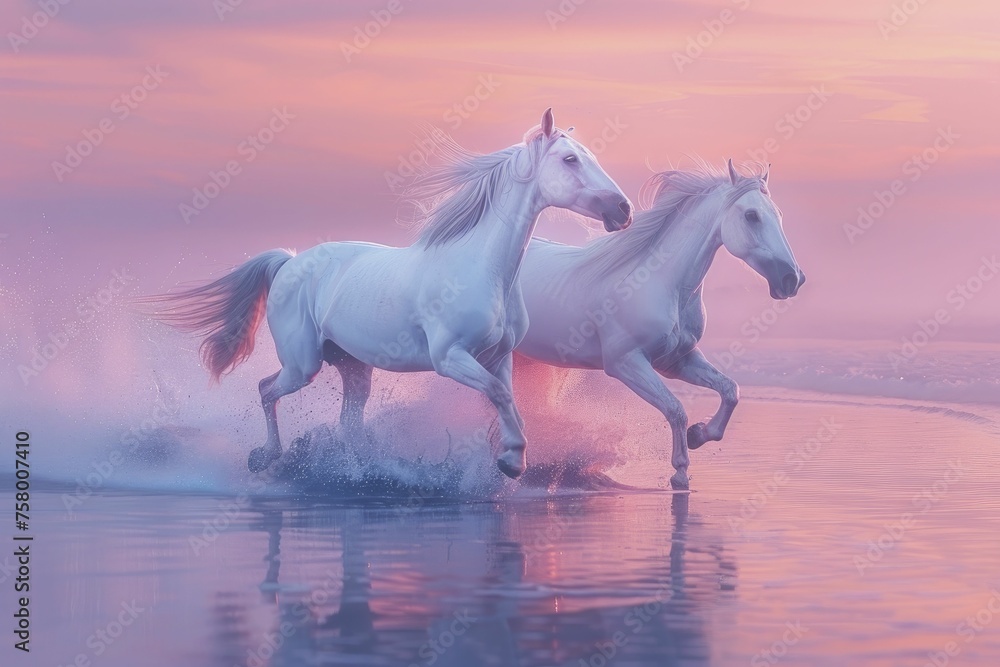 Pair of horses, male and female, running freely against a pastel sunset, embodying freedom and equality. Pair of horses, male and female, running freely against a pastel sunset, embodying freedom and equality.