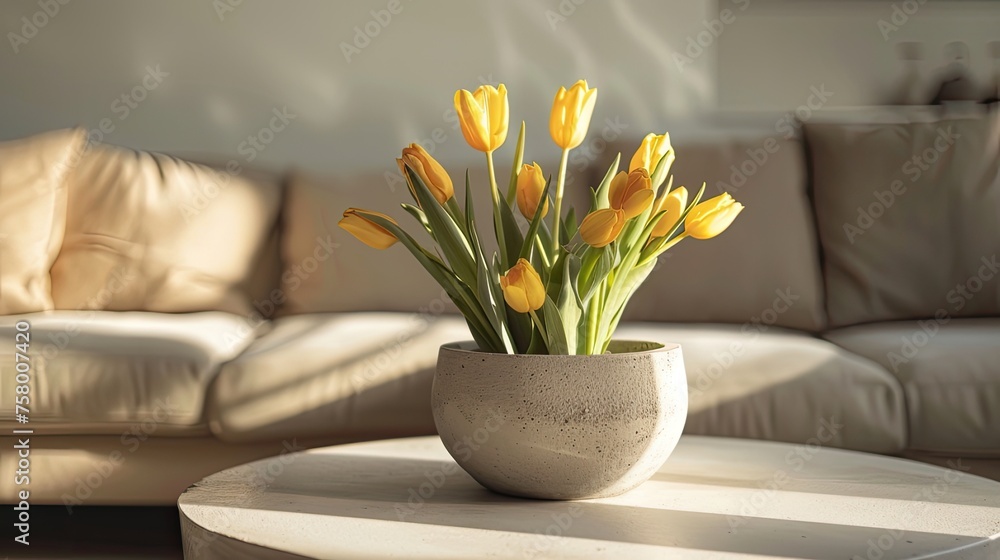 a round concrete coffee table adorned with large white tulips in a vase, bathed in natural light, inspired by the aesthetic. a round concrete coffee table adorned with large white tulips in a vase, bathed in natural light, inspired by the aesthetic.