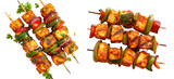 Set of Paneer Tikka at skewers, isolated top view on transparent background. Paneer tikka is an indian cuisine dish with grilled paneer cheese with vegetables and spices.