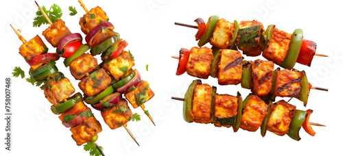 Set of Paneer Tikka at skewers, isolated top view on transparent background. Paneer tikka is an indian cuisine dish with grilled paneer cheese with vegetables and spices. photo