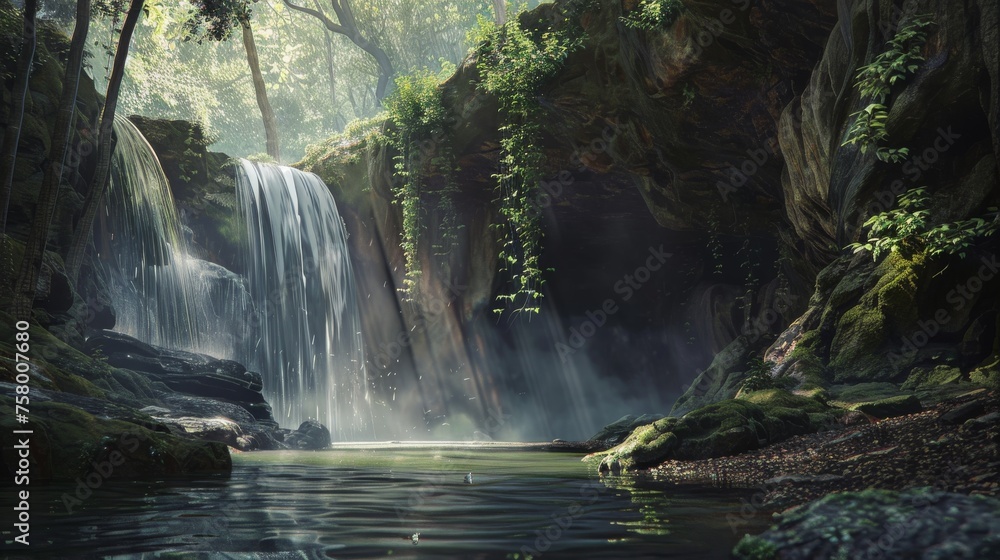 Waterfall hides the entrance to a secret cave - Water's force and the mist create a natural veil, challenging adventurers hidden path behind the cascade created with Generative AI Technology