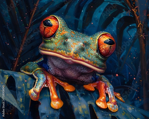 A frog with red eyes is sitting on a leaf. The frog is green and orange
