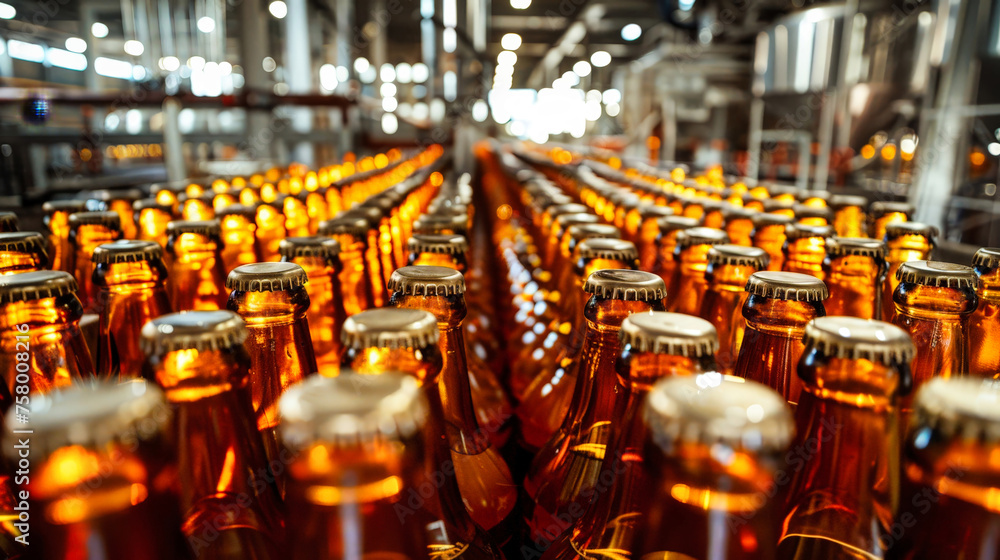 Rows of Beer Bottles on Conveyor Belt