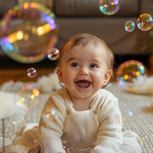 A baby is sitting on a rug and smiling. The baby is surrounded by colorful bubbles, which create a playful and joyful atmosphere