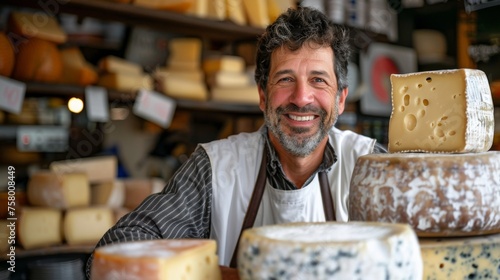 Cheerful cheesemonger presenting a selection of fine aged cheeses in a gourmet shop photo