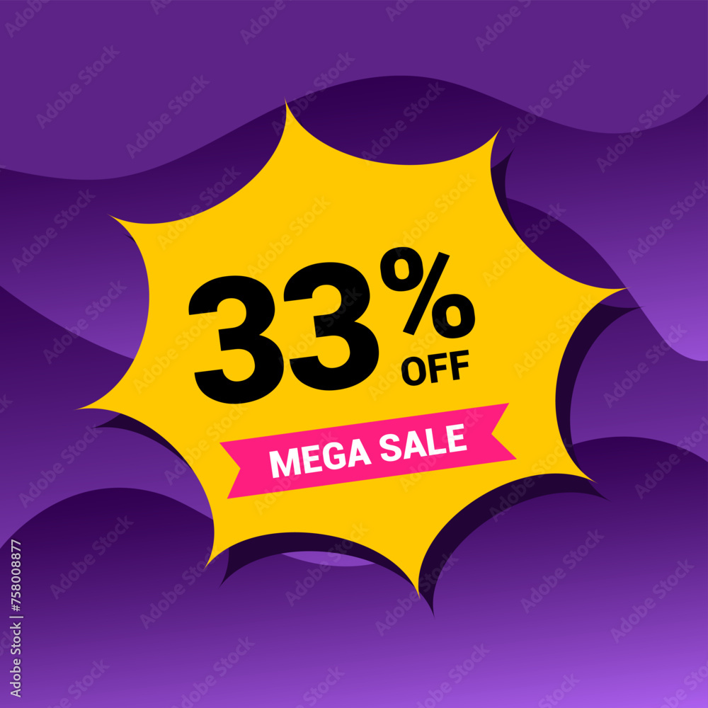 33% sale badge vector illustration on a purple gradient background. Thirty three percent price tag. Yellow and purple.
