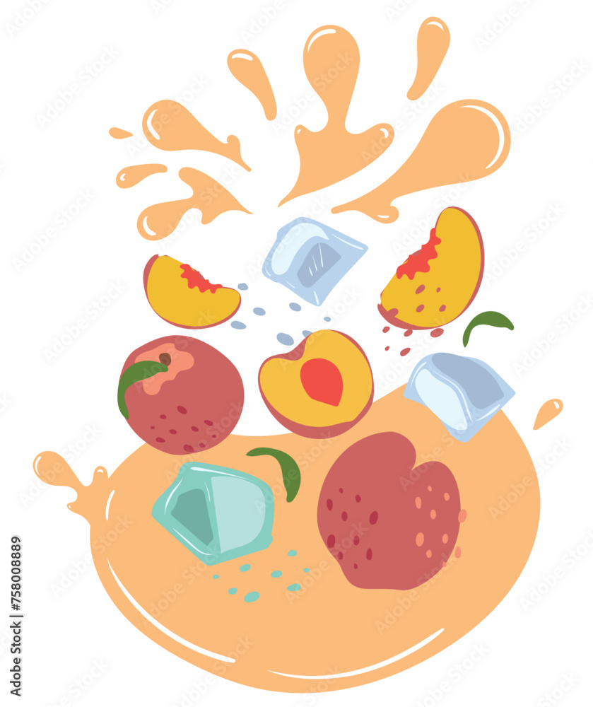 Ripe peach and ice cubes with splashes of juice. Vector illustration of organic fruit juice. Eco label concept for natural peach flavor with ice. Design of vape, juice, smoothie. Ripe peach and ice cubes with splashes of juice. Vector illustration of organic fruit juice. Eco label concept for natural peach flavor with ice. Design of vape, juice, smoothie.