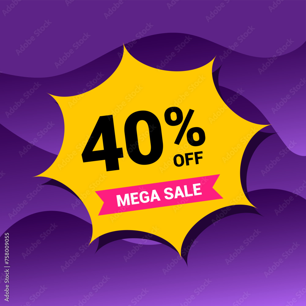 40% sale badge vector illustration on a purple gradient background. Forty percent price tag. Yellow and purple.