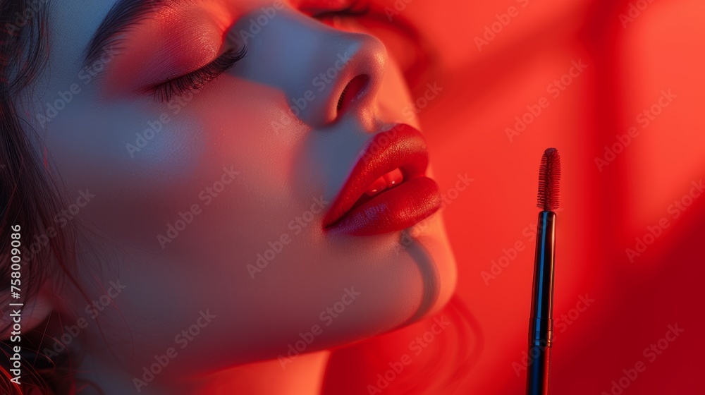Obraz premium The makeup artist applies powder and blush. A beautiful woman faces. A make-up master puts blush on the cheeks of a beauty model girl. Make-up is in process. beautiful woman on red background