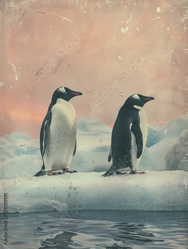 Penguins standing side by side on a subtle pastel ice floe  showcasing equality and partnership in harsh climates.