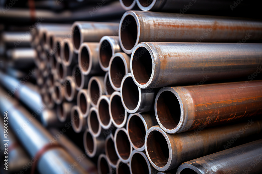 metal pipes of round cross-section, which are stacked in a large warehouse of finished products