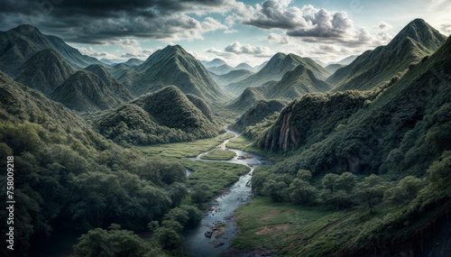 Panoramic view of the river and mountains in the clouds.