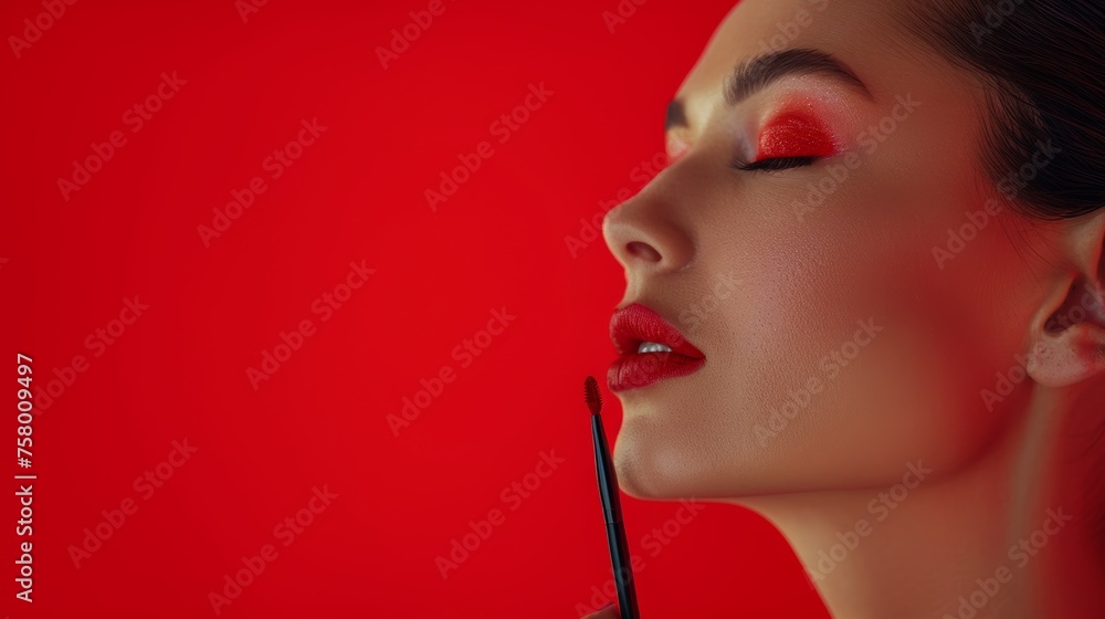 The makeup artist applies powder and blush. A beautiful woman faces. A make-up master puts blush on the cheeks of a beauty model girl. Make-up is in process. beautiful woman on red background The makeup artist applies powder and blush. A beautiful woman faces. A make-up master puts blush on the cheeks of a beauty model girl. Make-up is in process. beautiful woman on red background