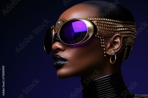 a woman wearing gold and purple sunglasses