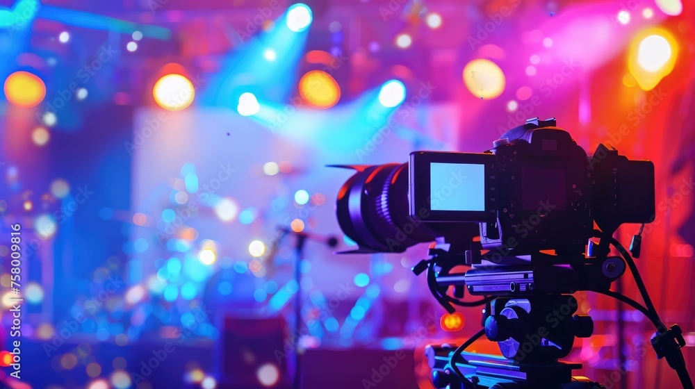 Professional video camera, media production service at concert, live broadcast of the press conference stream