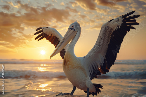 pelican on the beach, sunset light