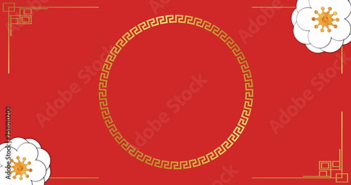 Image of chinese pattern and flowers decoration on red background
