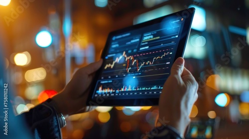 Close-up hand of a businessman Professional Trader Holding a Tablet Computer with Stock Market Analytics, Graphs, and Reports on Screen. Stock Exchange Application Template. 