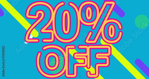 Image of 20 percent off text over a speech bubble against abstract shapes on blue background
