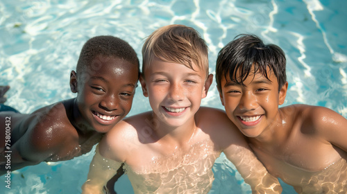 Boys of diverse ethnic backgrounds joyfully swim together in the pool, embracing unity and celebrating their cultural diversity.