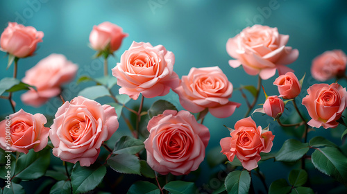 Beautiful pink roses on a blue bokeh background. Nature.