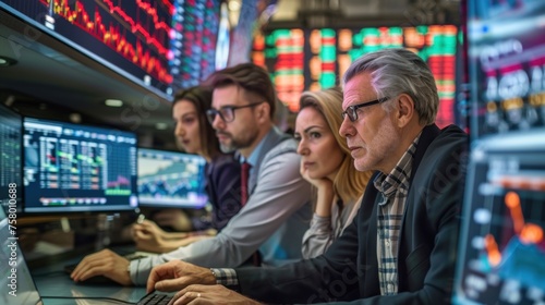 Group of Successful Stock Exchange Traders and Investors Using Sophisticated Computer Software to Monitor, Research, and Predict Live Market Financial Data Behavior on Computers and Mobile Devices