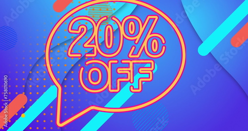 Image of 20 percent off text over a speech bubble against abstract shapes in seamless pattern