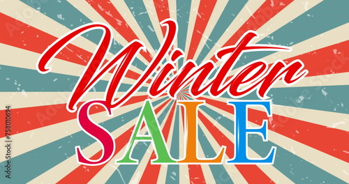 Image of winter sale text banner against blue and red radial rays spinning in seamless pattern