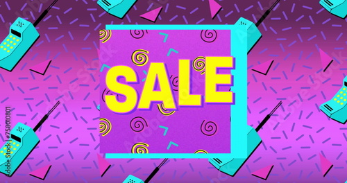 Image of the word Sale in yellow letters with a purple square and brightly coloured mobile phone ico