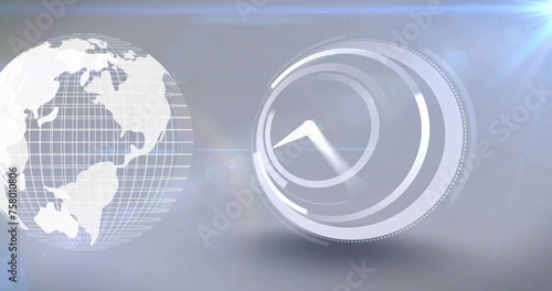 Image of a globe spinning with a fast moving clock on a grey background 4k