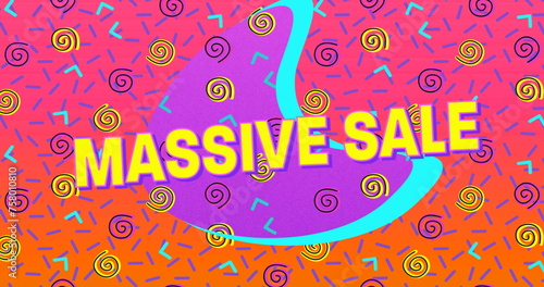 Image of the words Massive Sale in yellow letters with a purple crescent and brightly coloured abstr