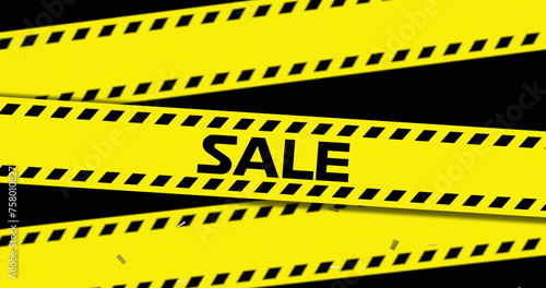 Image of the word Sale in black letters with yellow tapes, falling golden confetti on a black backgr