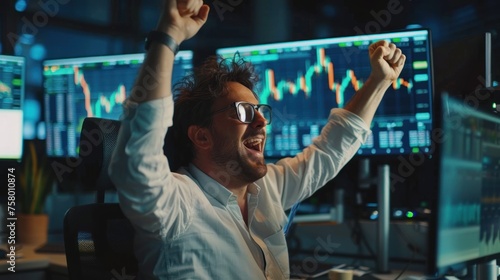 front View of a Businessman Professional Trader Successful Stock Exchange Trader Celebrating a Profitable Sale. Professional Broker Excited About the Good News, Punches the Air in a Winning Fashion, 
