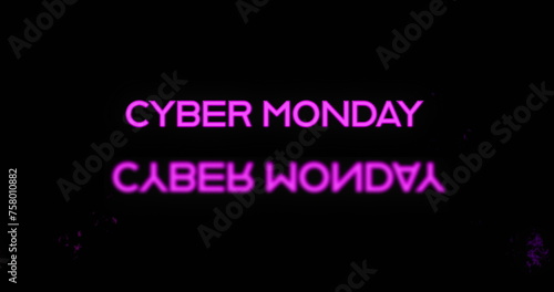 Image of the words Cyber Monday in purple letters with reflection and purple explosions on black bac