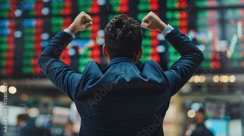 Back View of a businessman Professional Trader Successful Stock Exchange Trader Celebrating a Profitable Sale. Professional Broker Excited About the Good News, Punches the Air in a Winning Fashion, 