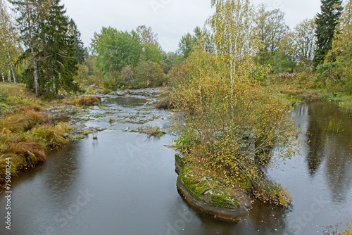 Landscape view at Hirvihaanjoki river in cloudy autumn weather, Hirvihaara, Finland. photo