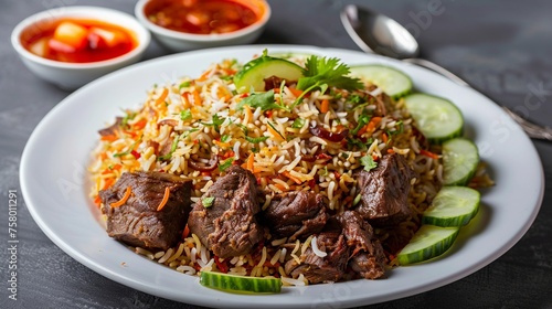 photography of biryani rice with a cucumber slice and a meat chop.