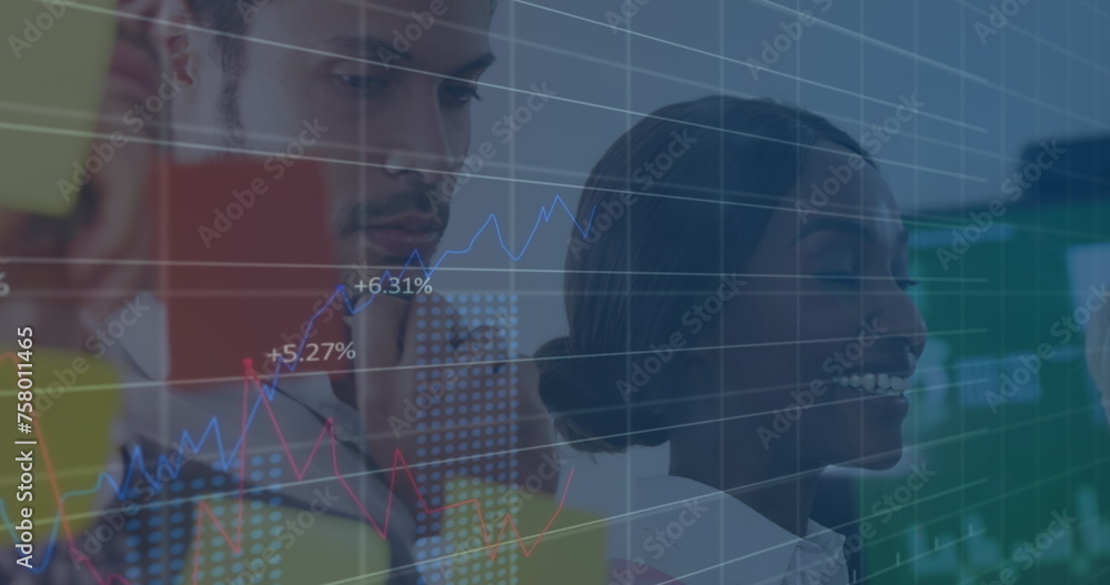 Image of financial data processing over diverse business people in office Image of financial data processing over diverse business people in office