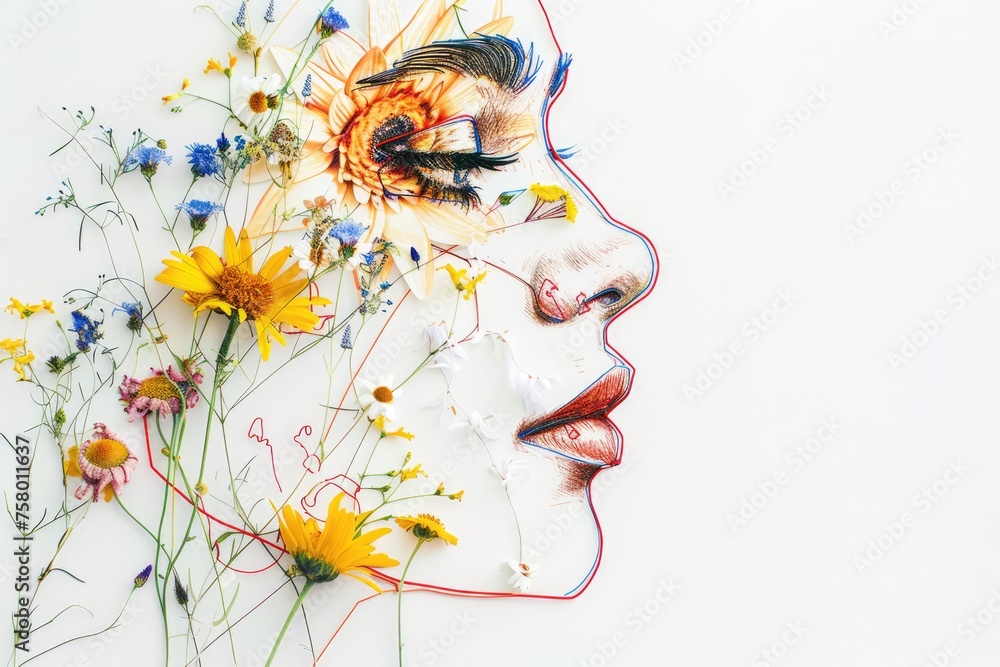 Woman face sketch with beautiful flowers, banner with copy space