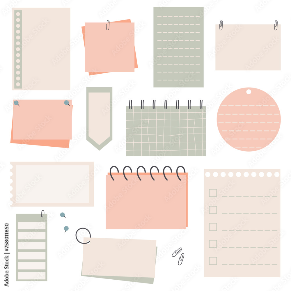 Set of different paper pieces from notepad with sticky tape, pins, clips Set of different paper pieces from notepad with sticky tape, pins, clips