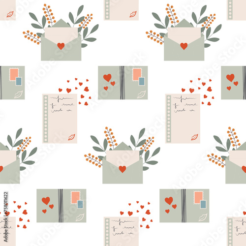 Seamless pattern with envelope with flowers and hearts. Love message, confession of feelings, background